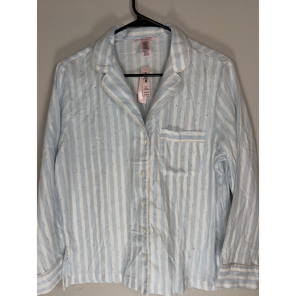 Victorias Secret Blue White Stripe Rhinestone Lurex Pajama Top XS NEW